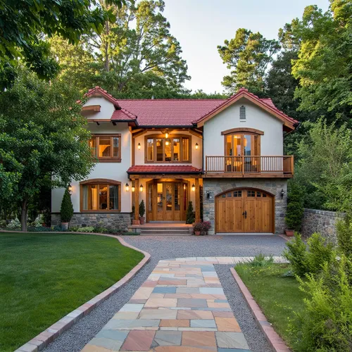"A beautiful two-story American-style chalet with a red gabled roof, white stucco walls, and large glass windows. The house is surrounded by a solid perimeter wall for privacy, featuring wooden gates 