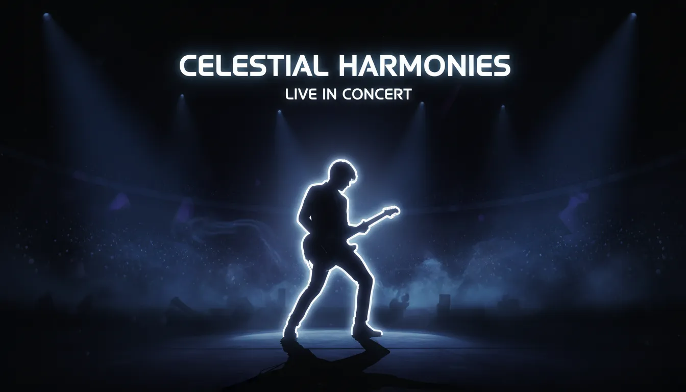 Un poster generato dall'IA di un musicista sul palco, con una brillante luce di contorno bianca che lo separa dallo sfondo scuro.