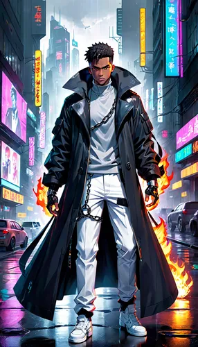 Create a realistic and highly detailed full-body image of a futuristic black character. The character should resemble a powerful, strong figure with a flaming head, resembling fire itself, and have me
