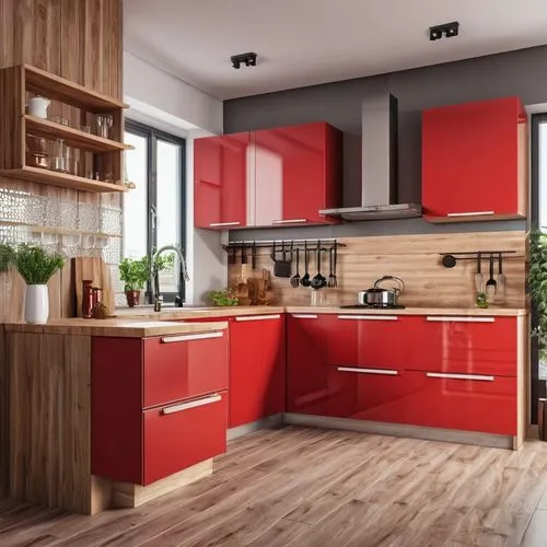 Cozinha moderna com moveis em madeira  , com decoração  em vermelho 
,kitchen design,modern kitchen interior,kitchens,modern kitchen,scavolini,kitchen interior,tile kitchen,kitchenette,big kitchen,gag