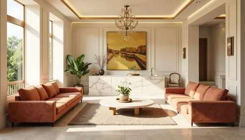 Rich velvet sofas, luxurious marble countertops, soft golden lighting, creamy white walls, warm beige floors, elegant crystal chandeliers, plush area rugs, modern minimalist decor, calming natural amb