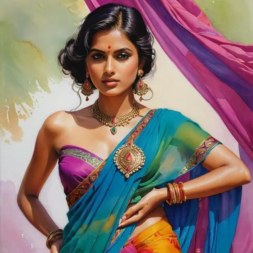 A beautiful 26 year old woman in a flowing, colorful sari. Low cut. Flirty.
,a painting of a woman in a colorful sari,sari,pallu,indian woman,vidya,sonam,indian girl,indian art,radha,paithani saree,ea