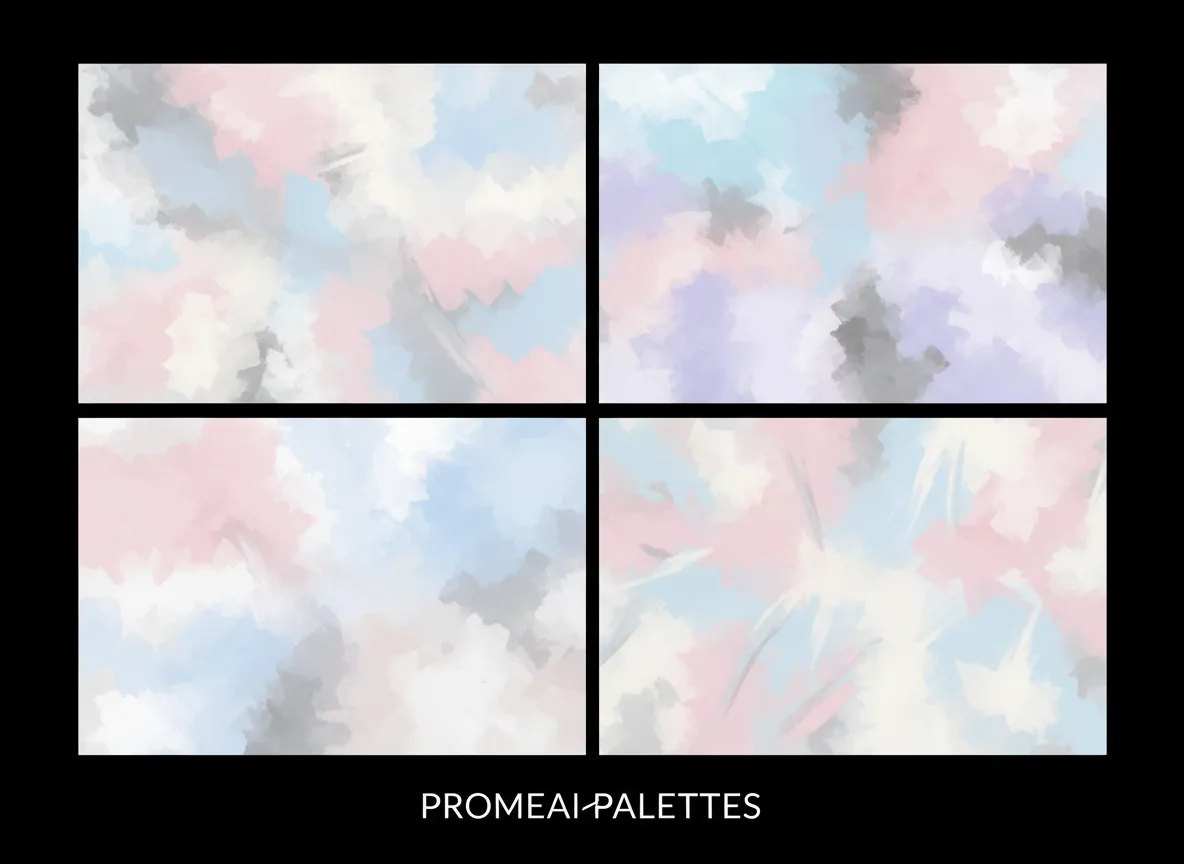 Ein Raster aus vier von PromeAI generierten High-Key-Farbpaletten mit zarten Rosa-, Blau- und Grautönen.