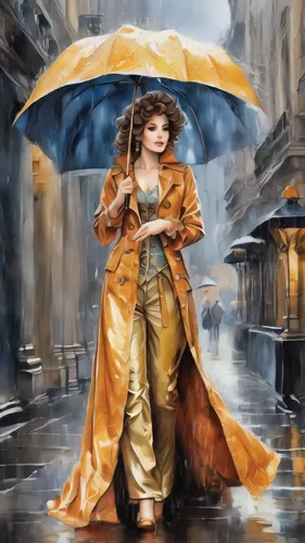 raining . Wet, rainy, wet brush effect, wet on wet, watercolors,,little girl with umbrella,raincoat,golden rain,man with umbrella,umbrellas,umbrella,walking in the rain,woman with ice-cream,italian pa