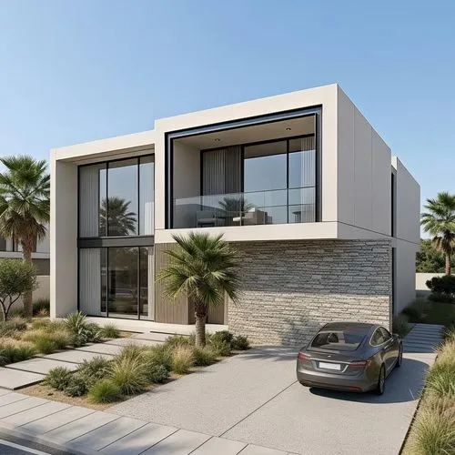 {
  "model": "modern_villa_two_story",
  "prompt": "Minimalist two-story villa with concrete and glass facade, large windows, recessed balcony, stone accent wall, landscaped yard, palm trees, and park