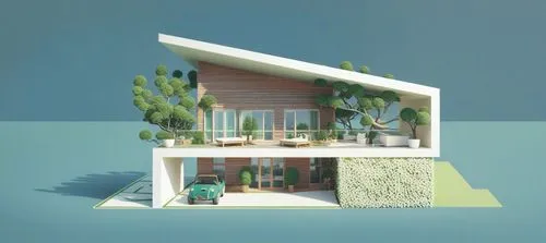 a house in the middle of trees and buildings,prefab,procedural,residential property,prefabs,pommels,tropical house