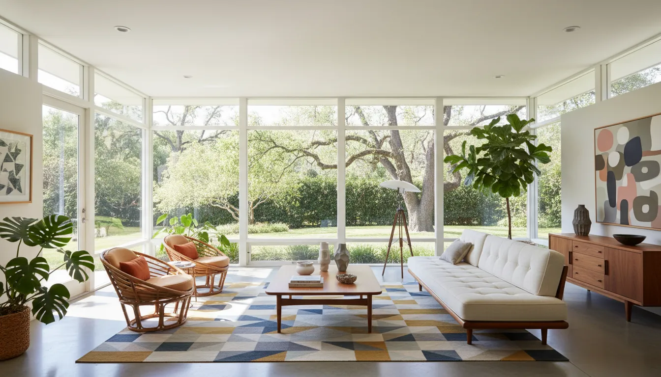 Immagine generata dall'IA di un soggiorno Mid-Century Modern luminoso e arioso con un divano a profilo basso, un tavolino in legno di teak e grandi finestre.