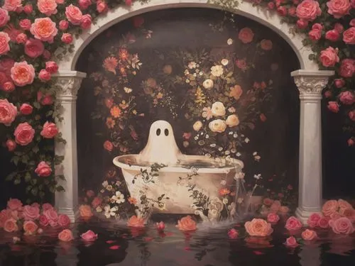 a painting of a tub with roses in it,flower booth,secret garden of venus,ghost background,the little girl's room,the girl in the bathtub,peignoir