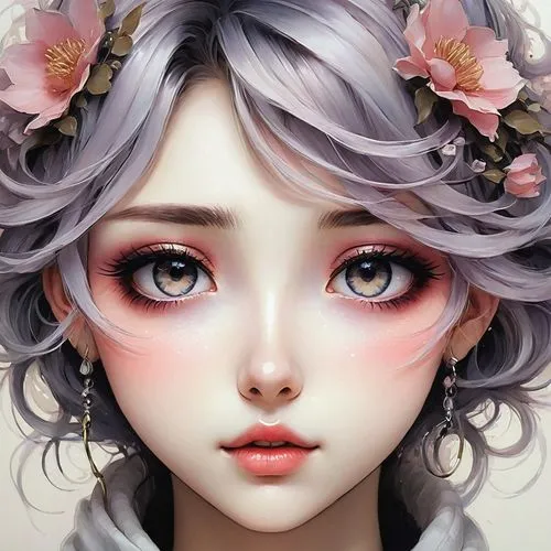 Generate an anime face with blushing cheeks and a shy, downward gaze.,doll's facial features,porcelain doll,lilac blossom,porcelain dolls,kommuna,artist doll,fantasy portrait,painter doll,mystical por