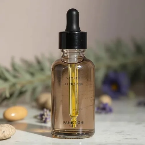 A sleek, minimalist essential oil bottle with a glass dropper, placed on a smooth marble surface. The bottle is made of frosted amber glass, giving it an elegant and organic look, with a small, clean 