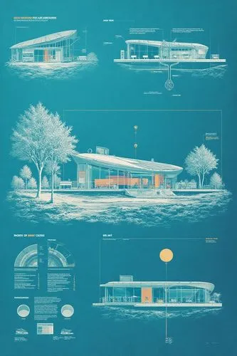 a blueprint shows different views of the home in its surroundings,floating huts,houseboats,houseboat,artificial islands,aquariums,house of the sea,mid century modern,aqua studio,prefabs,boathouses,sub
