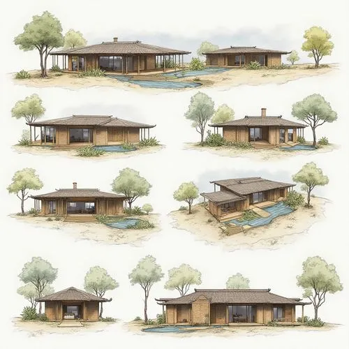 An architectural sheet that shows different perspectives of the two-level house, the architecture of this house will be of a country type between the ancient and the modern, it will be located on the 