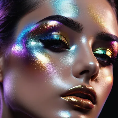Face closeup, super cute trendy girl, makeup model, creative makeup, magazine cover, maestro, abstract, metalic eyeshadow, eyes closed, holographic, black background, photo real skin texture, 3D rende