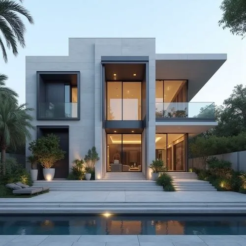 A hyper-realistic, high-resolution architectural photograph capturing a grand, ultra-modern luxury mansion at twilight. The building’s façade is composed of smooth white stone panels contrasted with s