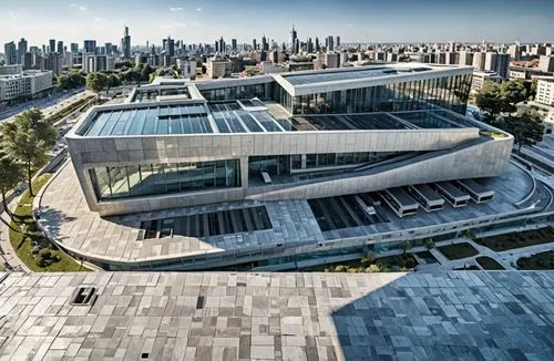  building color with futuristic architectural modern ,an aerial view of a large building, including a clock tower and buildings in the background,futuristic art museum,futuristic architecture,glass fa