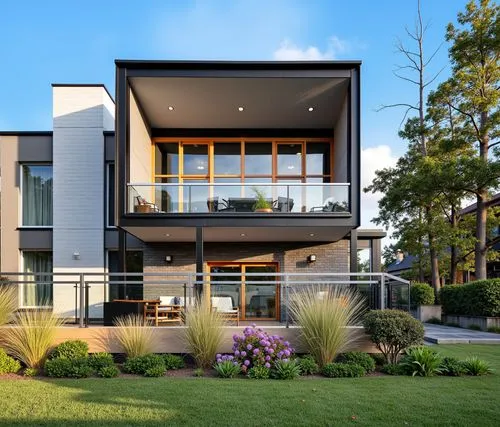 A photo-realistic rendering of a modern two-story house with a contemporary design. the house has a black and white exterior with large windows and a wooden deck. The deck is surrounded by a black met