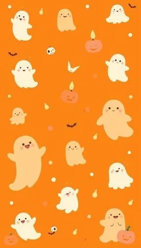 halloween wallpaper,
A spooky and cute illustration for a halloween theme. The background is a pumpkin orange colour and features little white ghosts all around repeatedly. Add tiny accents like black
