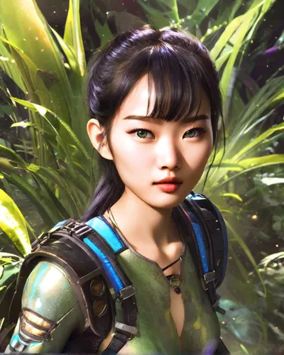 A daring female explorer, traversing the depths of a vibrant, alien jungle teeming with fascinating, Green eyes, detailed clothes, skinny, shinny glossy skin, subsurface scattering,  [(colorful explos