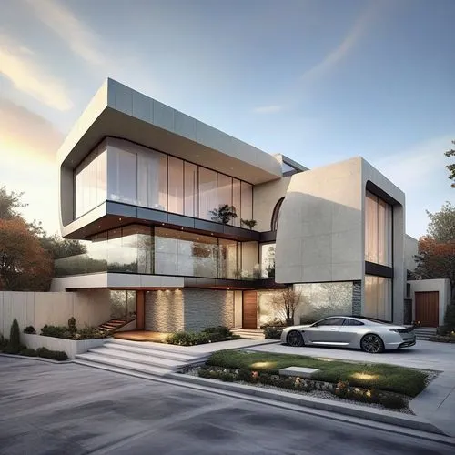 a modern home with a car parked in front of it,modern house,modern architecture,3d rendering,luxury home,duplexes,residential house,prefab,render,modern style,residencial,contemporary,cube house,townh