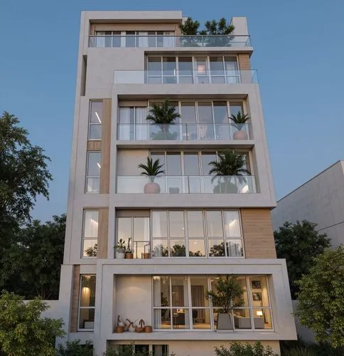 “6-story residential building on pilotis, north-facing. Designed in the style of Alireza Taghaboni. Bold geometric volumes with deep interlocking forms, clean lines, and dynamic shadow play. Limited g