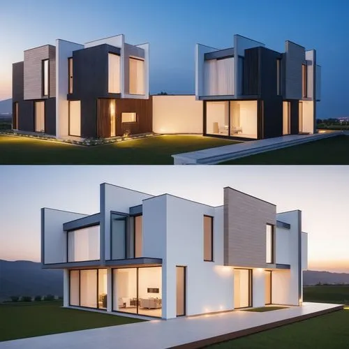 modern two-story house. Large windows. Located on the outskirts of the city.,cube stilt houses,cubic house,cube house,modern architecture,modern house,3d rendering,residencial,prefab,renders,duplexes,