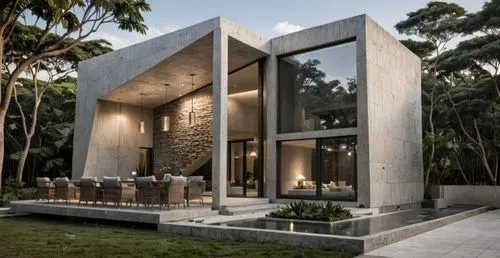 a home with tables, chairs and a lawn,modern house,cubic house,modern architecture,cube house,dunes house,contemporary,mirror house,contemporary decor,modern style,frame house,exposed concrete,luxury 