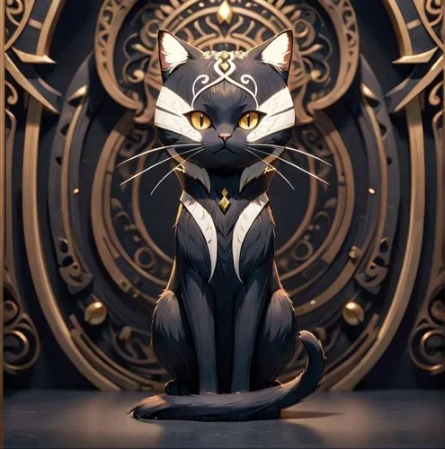 "Una silueta minimalista de un gato negro sentado erguido, de frente. El gato tiene una cola larga y elegante que se curva ligeramente. Lleva un intrincado tocado con dos largas extensiones curvadas q