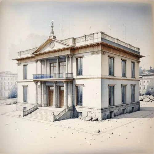 Italian Neoclassical Building Blue Print Sketch