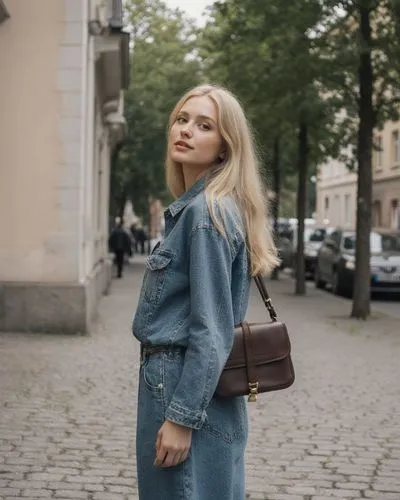 eine 23 jährige durchnittliche Estin in landestypischer Freizeitkleidung in einer mittelgroßen stadt in Estland. komplett angezogen,the blonde woman in a jean dress has a brown purse,denim jumpsuit,de