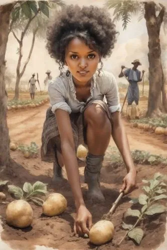 a woman kneeling down in the dirt next to some vegetables,sweet potato farming,smallholder,manioc,sharecropper,bushmen,sharecroppers,cassava,aborigine,sharecropping,agriculturalist,aborigines,smallhol