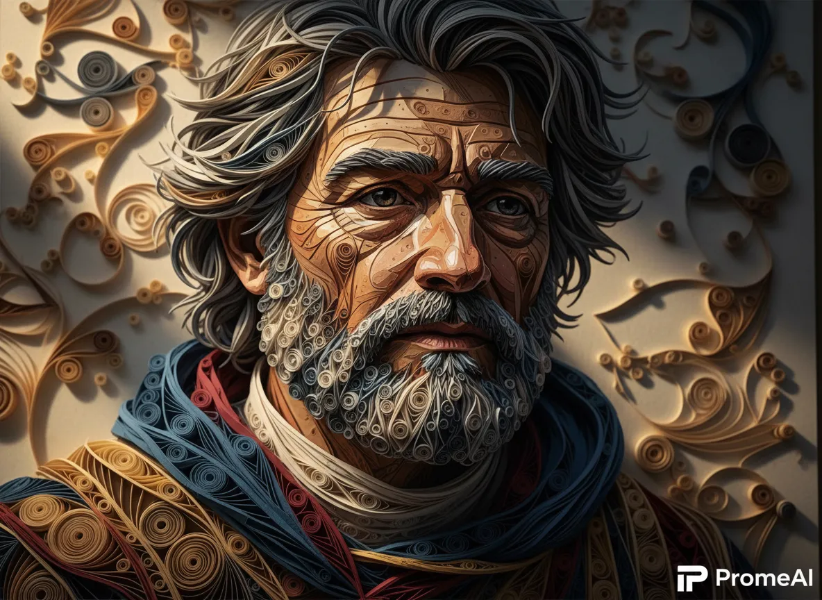 Un primo piano d'impatto di un ritratto iperrealistico in paper quilling 3D creato da PromeAI, che evidenzia le ombre intricate e la texture della carta sul viso di un personaggio.