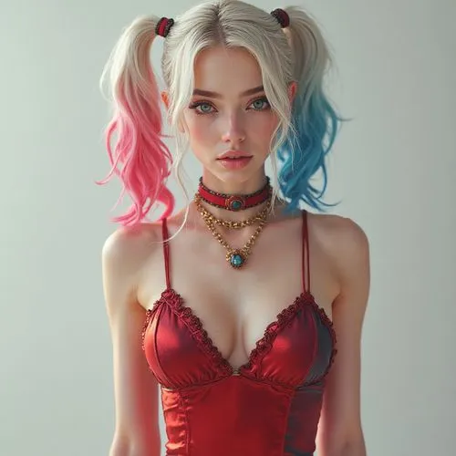 masterpiece, enhanced shadows, ultra high quality, A stunning masterpiece showcasing a Harley Quinn portrayal, real person, radiating charm and mischief. revealing an athletic physique, with a light b
