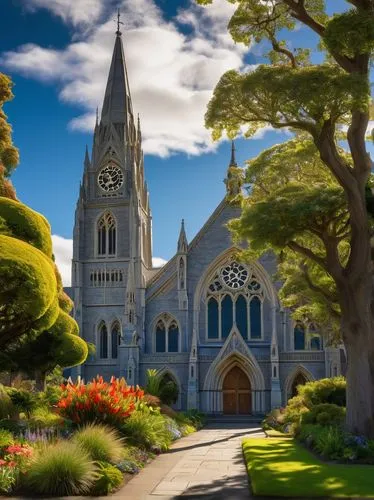 Christchurch, New Zealand, earthquake-resistant architecture, modern Gothic Revival style, grand cathedral, intricately carved stone facade, stunning stained glass windows, imposing clock tower, surro