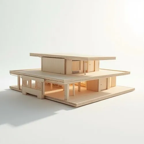 A wooden model of an architectural studio designed in the style of Kengo Kuma, against a white background. The sun is shining from the right side, casting light and shadow on the model, creating a min