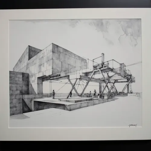 A highly detailed sectional drawing of an experimental architectural structure, rendered in pencil or charcoal. The design features sharp, angular forms with a mix of organic and industrial elements, 