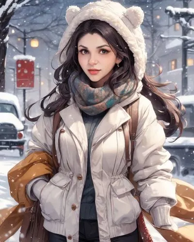 a girl is walking down the street in winter,winter background,winter clothes,winter clothing,snow scene,winter dress,snow drawing