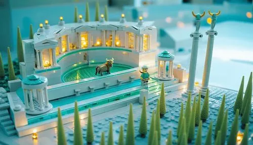 a very tall building with lights and greenery in front,christmas village,christmas crib figures,diorama,christmas town,white temple,christmas landscape,tabernacle,ice castle,christmas scene,art deco o