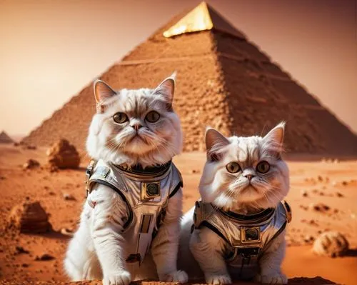 three persian cats astronauts take a selfie in front of a pyramid on mars,two cats dressed up with harnesses in front of a pyramid,pharaohs,pyramids,vintage cats,extraterrestrials,step pyramid,two cat