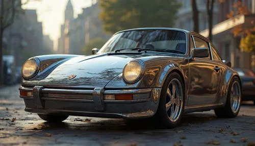 aggressive shot of a 1987 porsche 911s painted in photorealistic mirror chrome gloss finish,luxurious lighting brings out unique details of this amazing creation, clean stylish hyper-detailed automoti