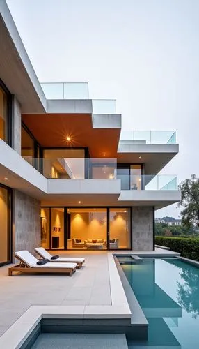 
,a large swimming pool surrounded by glass railing,modern architecture,modern house,pool house,luxury property,luxury home,beautiful home