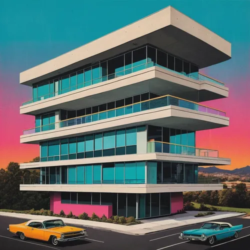 modern architecture with a aesthetic vide,mid century modern,mid century,matruschka,mid century house,real-estate,modern pop art,motel,60s,1980s,contemporary,office buildings,cool pop art,block of fla