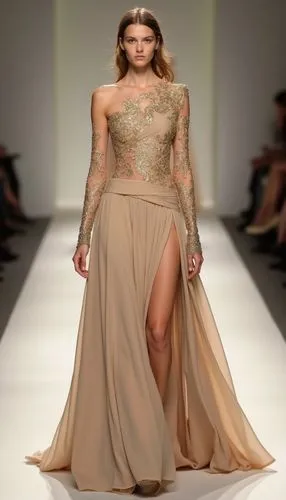 a stunning, high-fashion gown that combines modern elegance with traditional elements. The dress should feature a one-shoulder design with a flowing, draped fabric that cascades gracefully to the floo