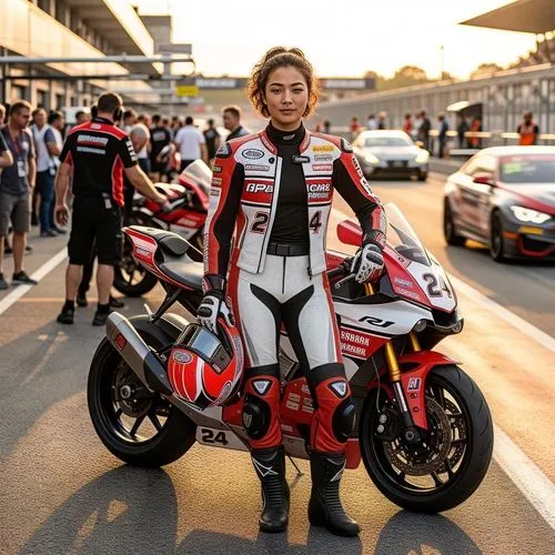 (view from front),an asian woman with (perfect huge breasts) ,stunning and confident female motorcycle racer, dressed in a sexy and sporty outfit with a tight white crop top featuring racing logos and