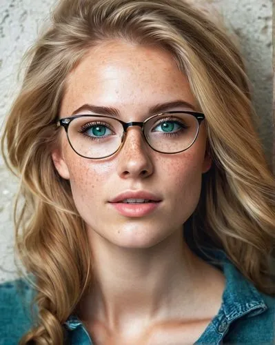 A beautiful girl face, 25yr old, nice clothes, long light brown with blonde hightlighted hair, big sparkling blue-green eyes, freckles, buxom, specs,reading glasses,with glasses,lace round frames,silv