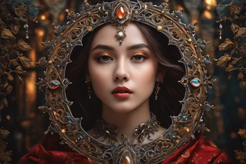 Female Ethereal Diary. Symbolizing Patience& Wisdom,gothic portrait,seven sorrows,the mirror,oriental princess,magic mirror,diadem,priestess,the prophet mary,fantasy portrait,queen cage,makeup mirror,