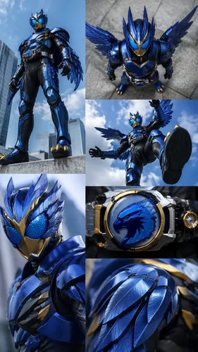 Kamen Rider with a blue hawk theme and styling,   ,multiple shots of some blue robot figurines in action,sky hawk claw,armors,dragoon,knight armor,armored,wing blue color,dragoons,armor,carbide,megaby