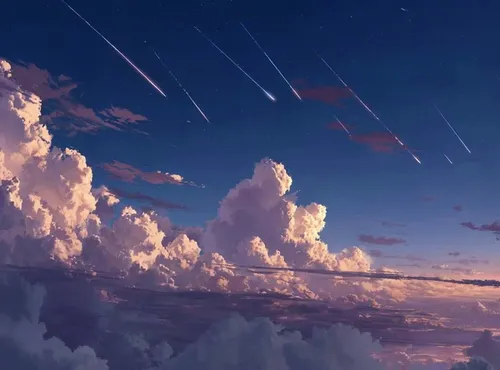 The camera tracks the trajectory of the meteor and pulls back. As the meteor continues to streak across the sky, the scene transitions to two people standing side by side, looking up. The camera shift