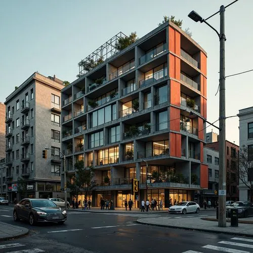 Deconstructed brutalist building, fragmented concrete structures, distressed finishes, industrial materials, bold color blocking, clashing hues, dissonant textures, abstract geometric patterns, fractu