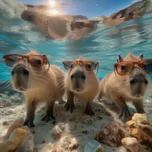The three capybaras in the picture keep swimming fast in the direction of the camera, the camera pulls away as they get closer, the one in the middle swims faster, the other two follow the one in the