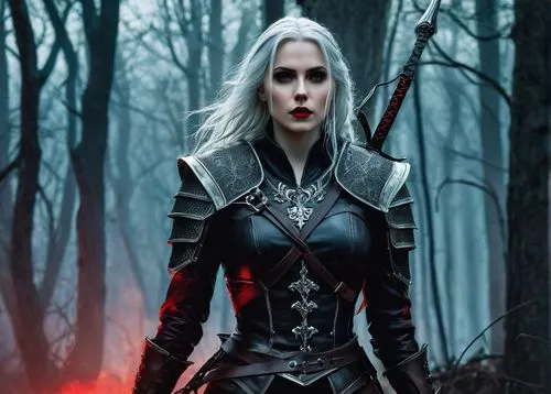 Female Witcher, dark fantasy, solo, (25yo), long silver hair, pointed ears, pale skin, black eyeliner, bold eyebrows, red lips, leather armor, metal shoulder pads, silver trim, intricate brooch, holdi